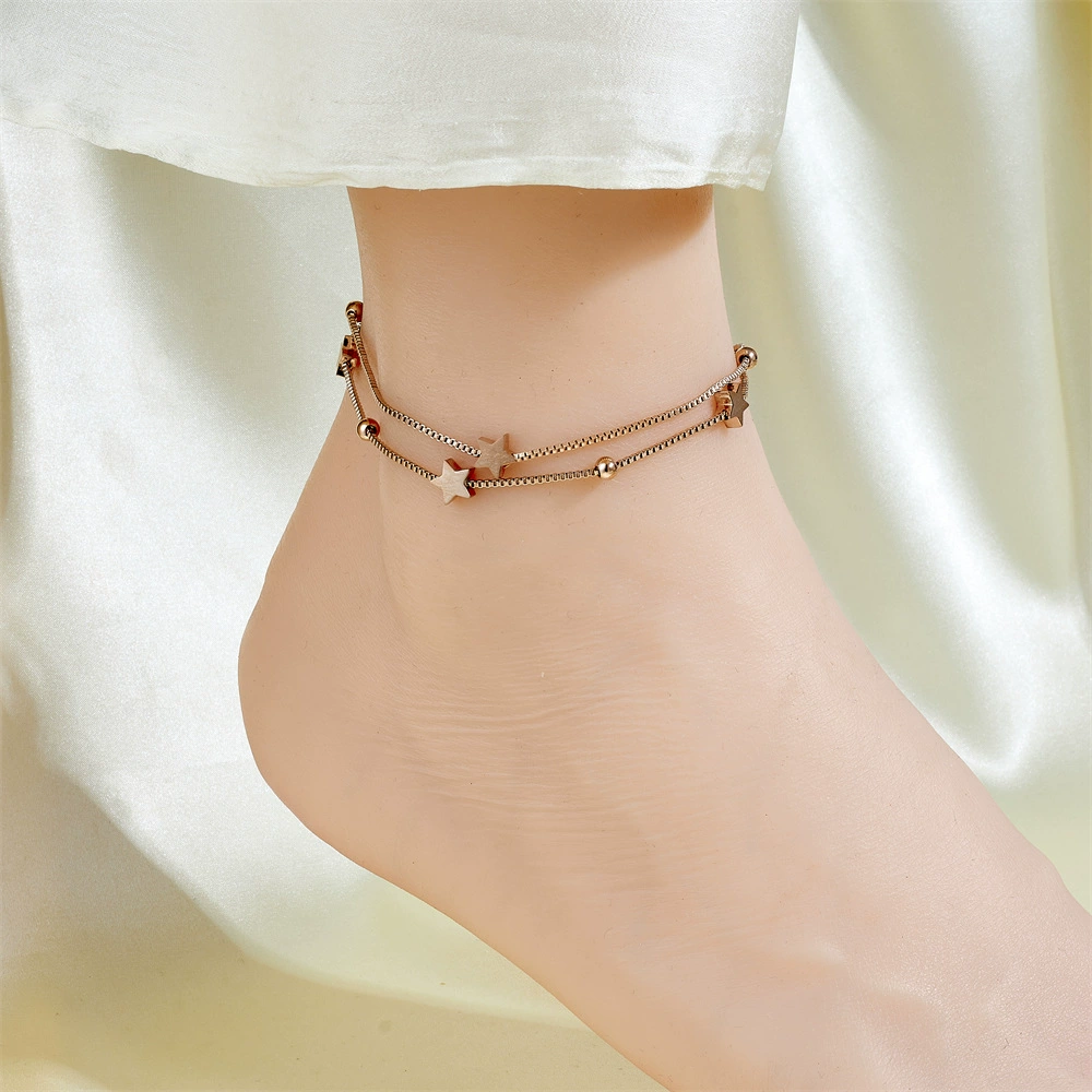 Ankle bracelet, chain, golden fashionable sexy accessory stainless steel, simple and elegant design, light luxury style, internet celebrity, 750 sample gold