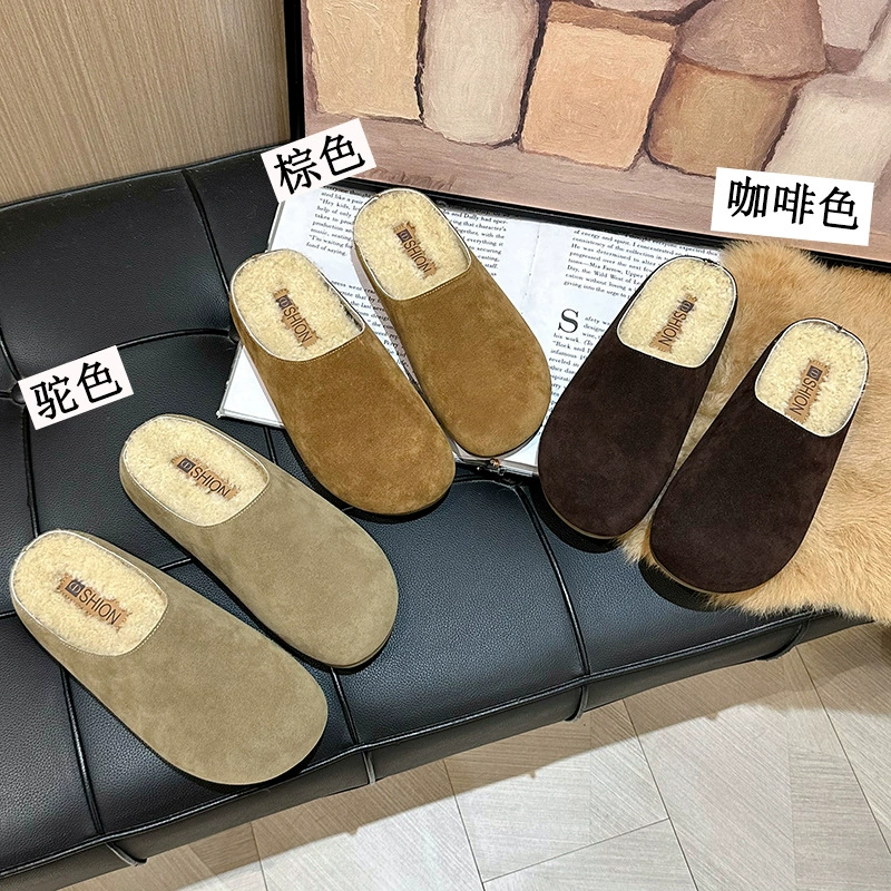 Толстая подошва Bakenn Half шерстяные шлепанцы женские наружные 2024 новые осенние и зимние педали плюс бархатные хлопчатобумажные шлепанцы