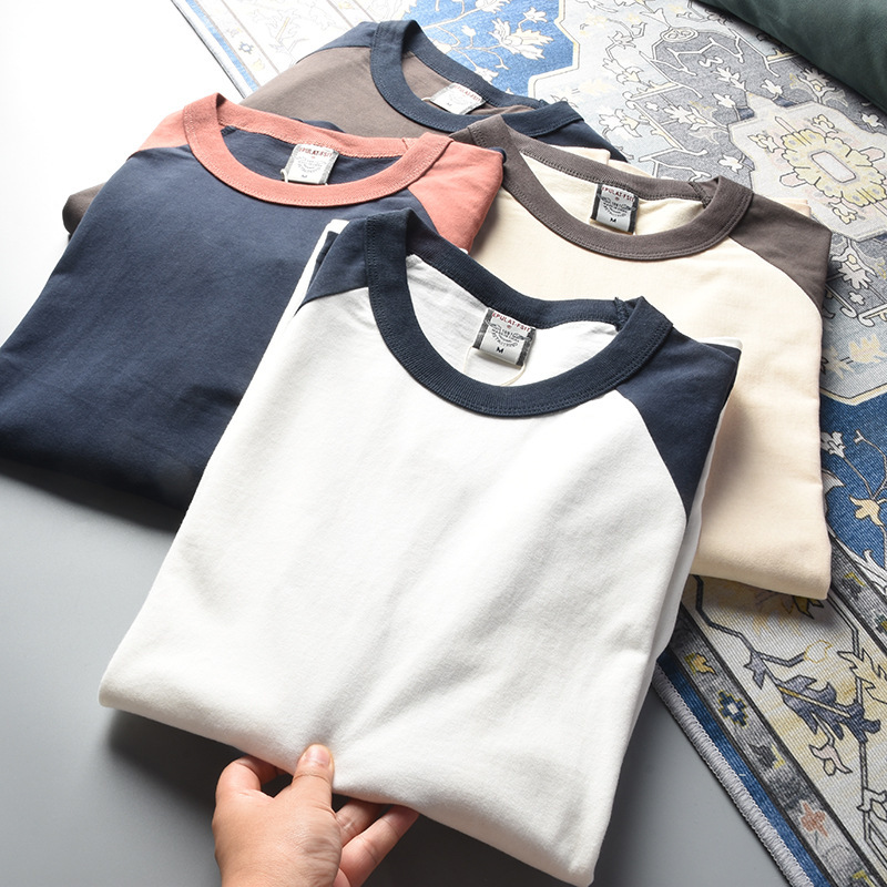 Fashionable contrast color stitching high street Foreign trade cut label raglan sleeve bottoming shirt men's brushed washed cotton long sleeve T-shirt Fashionable contrast color stitching high street Foreign trade cut label raglan sleeve bottoming shirt men's brushed washed cotton long sleeve T-shirt