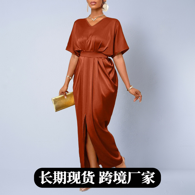 Foreign Trade Women's Clothing Autumn Short-Sleeved Imitation Silk Dress 25 New Style Satin Ball Gown Waist-Cinching Long Dress