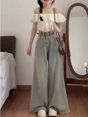 美式流苏阔腿牛仔裤女春秋季新款高腰显瘦宽松复古百搭直筒拖地裤