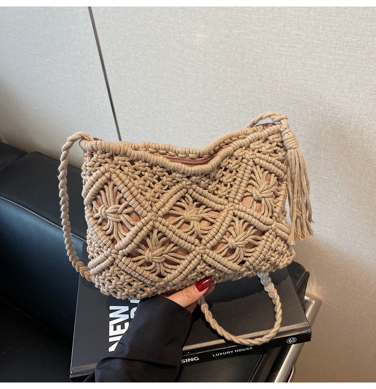 177g Weight Polyester Cotton Lining Material Weave, Hollow Fashion Element Zipper Closure Type Single Shoulder Strap Strap Type Shoulder Bag Bags Type Casual Occasion cotton rope Material Solid Color Pattern All Seasons Season Women's Gender Vacation Style Square Shape Women's Cotton Rope Solid Color Vacation Weave Hollow Square Zipper Shoulder Bag 19