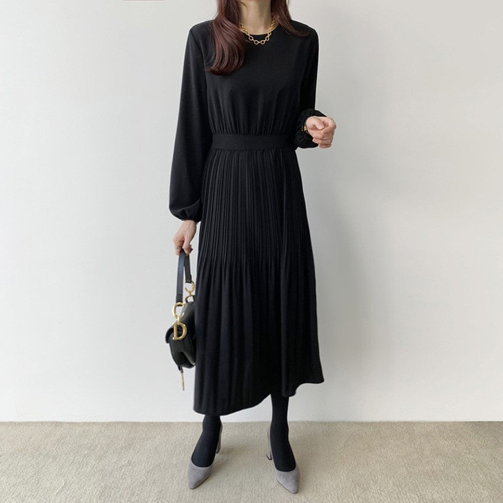 In Stock in Four Colors 2025 Chic Korean Style New Elegant Ladylike Waist-Cinching Slimming Pleated Long Dress In Stock in Four Colors 2025 Chic Korean Style New Elegant Ladylike Waist-Cinching Slimming Pleated Long Dress