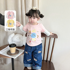 2025女の子かわいい肩袖tシャツ春赤ちゃん上着5019赤ちゃん春秋長袖偽2枚