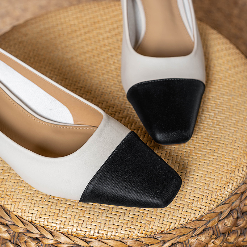 Net rote Schaffell-Ledernähte flacher Mund Einzelschuhe Damen 2023 Frühjahr neue quadratische Zehen dicker Absatz Damenschuhe weiches Leder High Heels_voghion.com