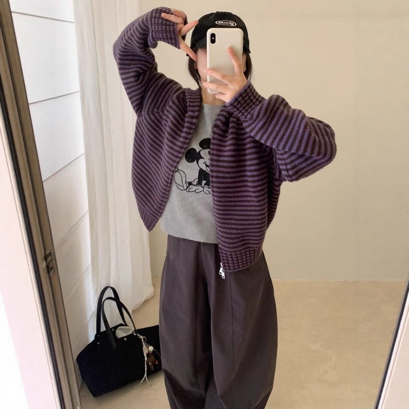 South Korea's Dongdaemun Retro Contrast Stripesd Zipper Hooded Knitted Cardigan Women's Autumn and Winter Loose Sweater Short Jacket Thick