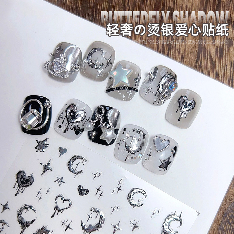 Pegatinas para uñas 2025, nuevas, tridimensionales, con estampado en caliente, plateadas, de lujo, con diseño de corazón, luna líquida, estrella, decoración de uñas, estilo oscuro