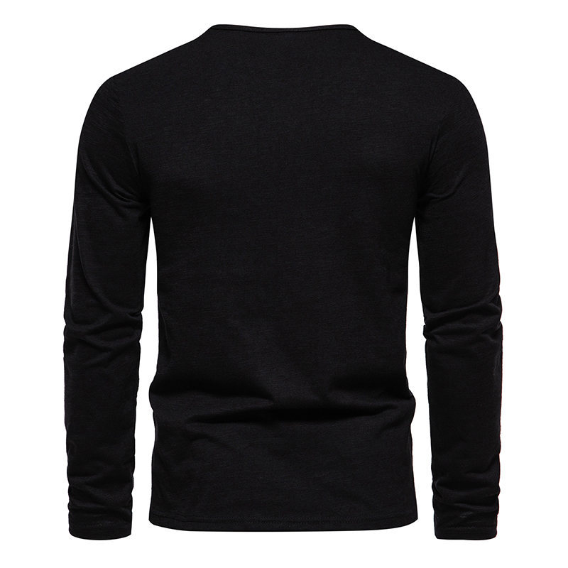 T-shirt da uomo a maniche lunghe con collo Henry a quattro bottoni in cotone tinta unita in bambù per l'autunno e l'inverno dei nuovi uomini_voghion.com