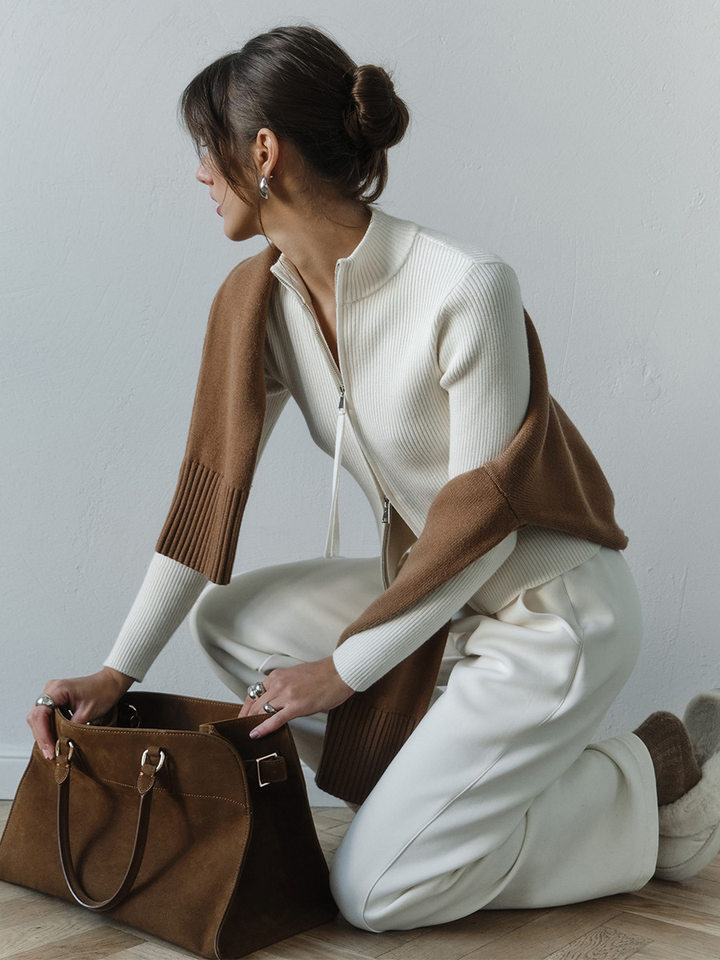Áo cardigan len dệt kim cổ đứng, tay dài, khóa kéo đôi, dáng ôm ngắn — trắng, đen chi tiết 15