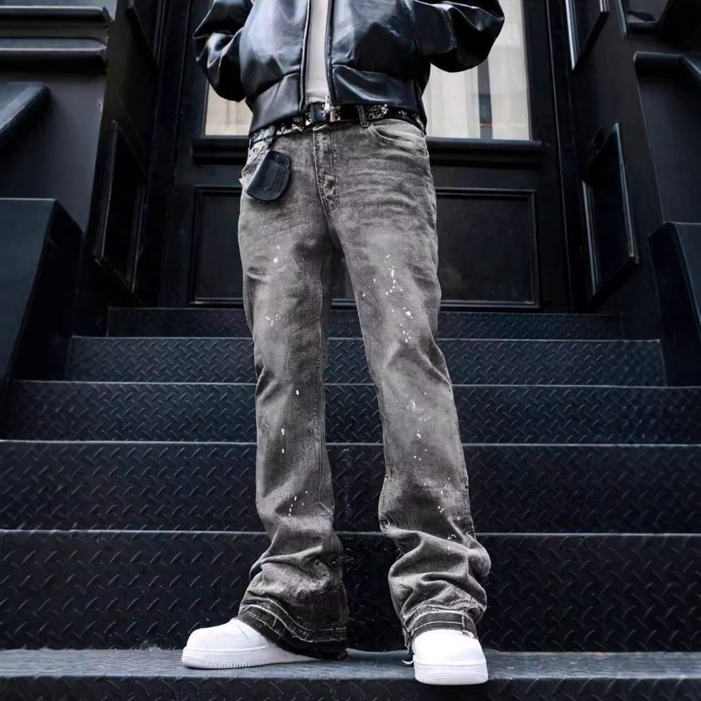 Men's Clothing Popular American Retro Washed Distressed Gray Splatter Paint Curved Blade Jeans Men's Trendy Loose Wide Leg Pants_mkmklike.com