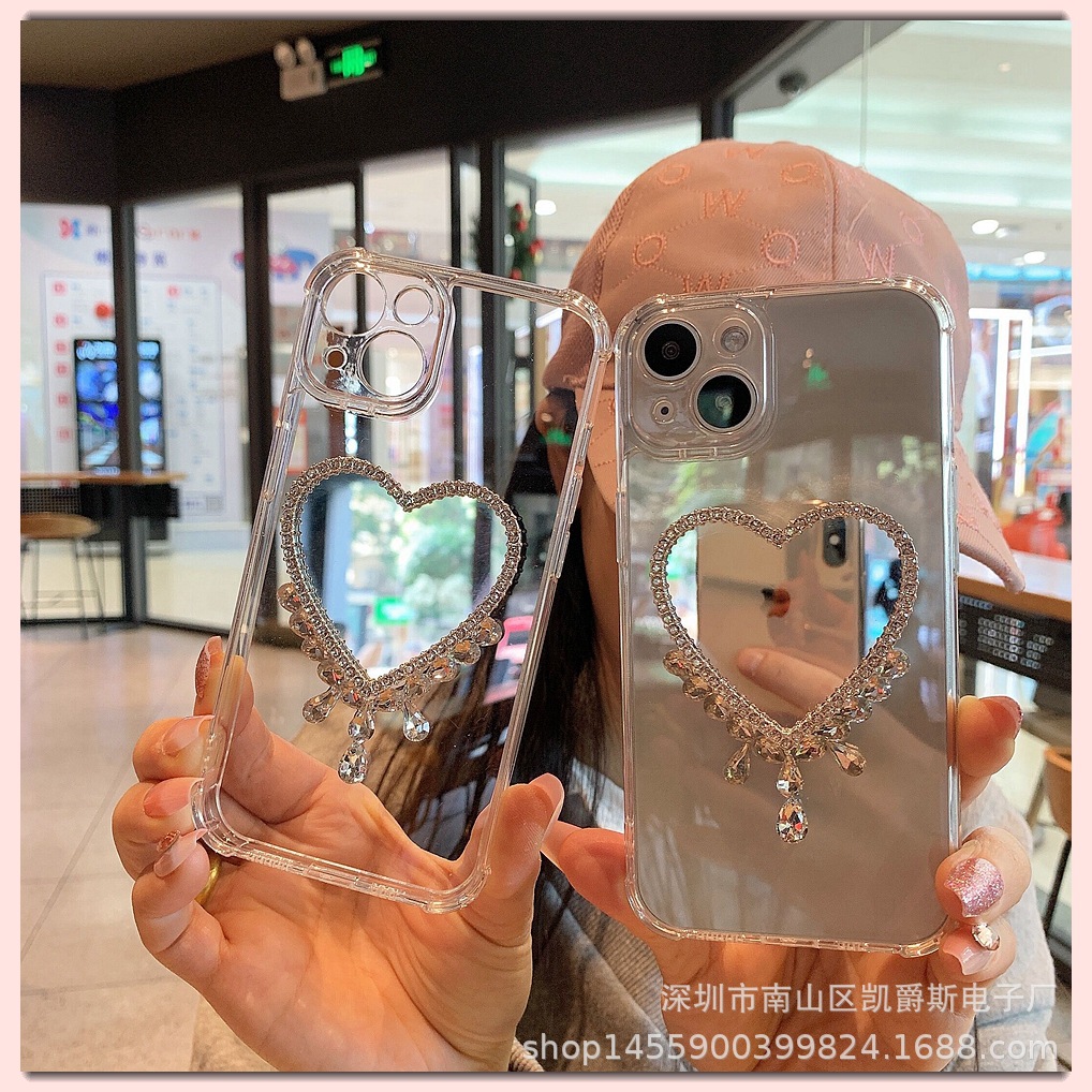爱心镜子水钻壳适用苹果17promax补妆可爱镜面ip13/16pro/xsmax女