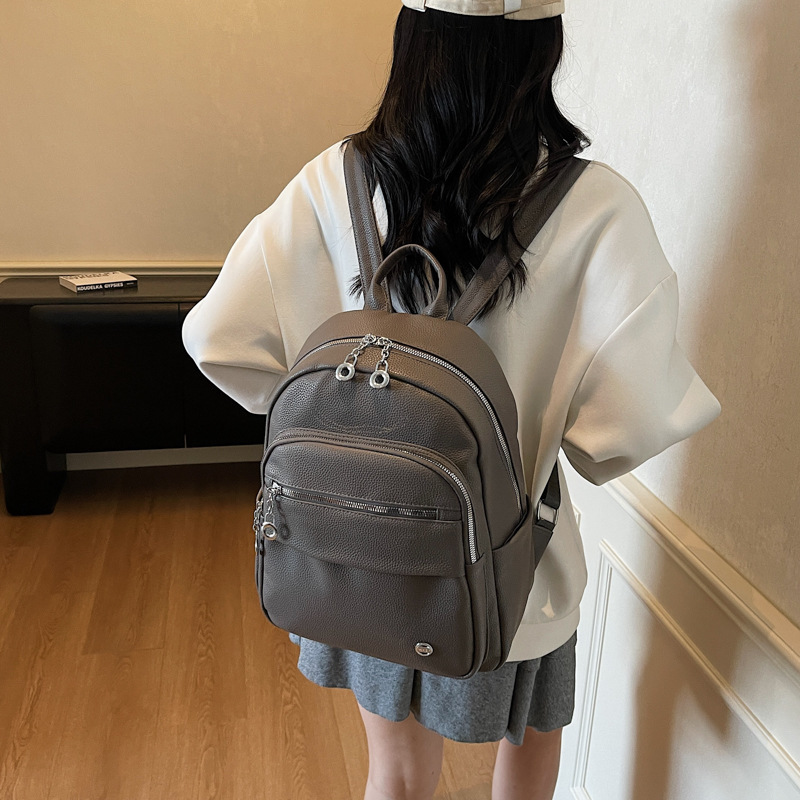 韩版纯色百搭pu软皮双肩包女2025新款大容量旅行背包高中学生书包|undefined