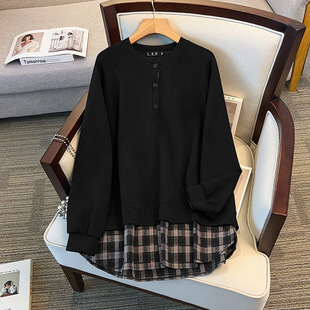 Early Spring 300 Plus Size Loose Casual Fake Two-piece Air Layer Stitching Plaid Shirt Women's Comfortable Slimming Top
