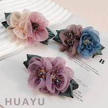 新款优雅发饰气质花朵发夹高级感韩版绢纱布艺弹簧夹头饰妈妈发饰