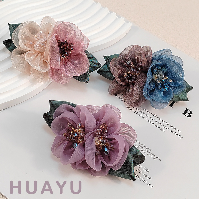 新款优雅发饰气质花朵发夹高级感韩版绢纱布艺弹簧夹头饰妈妈发饰