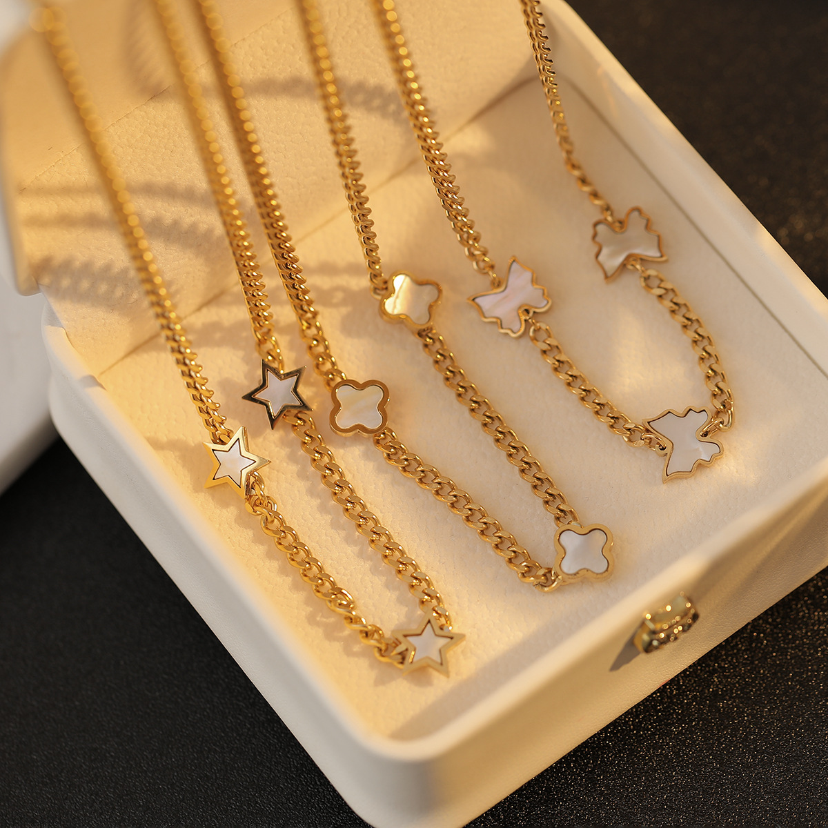 Fashion Four Leaf Clover Star Butterfly Titanium Steel Plating Inlay Shell Bracelets Necklace 1 Piec