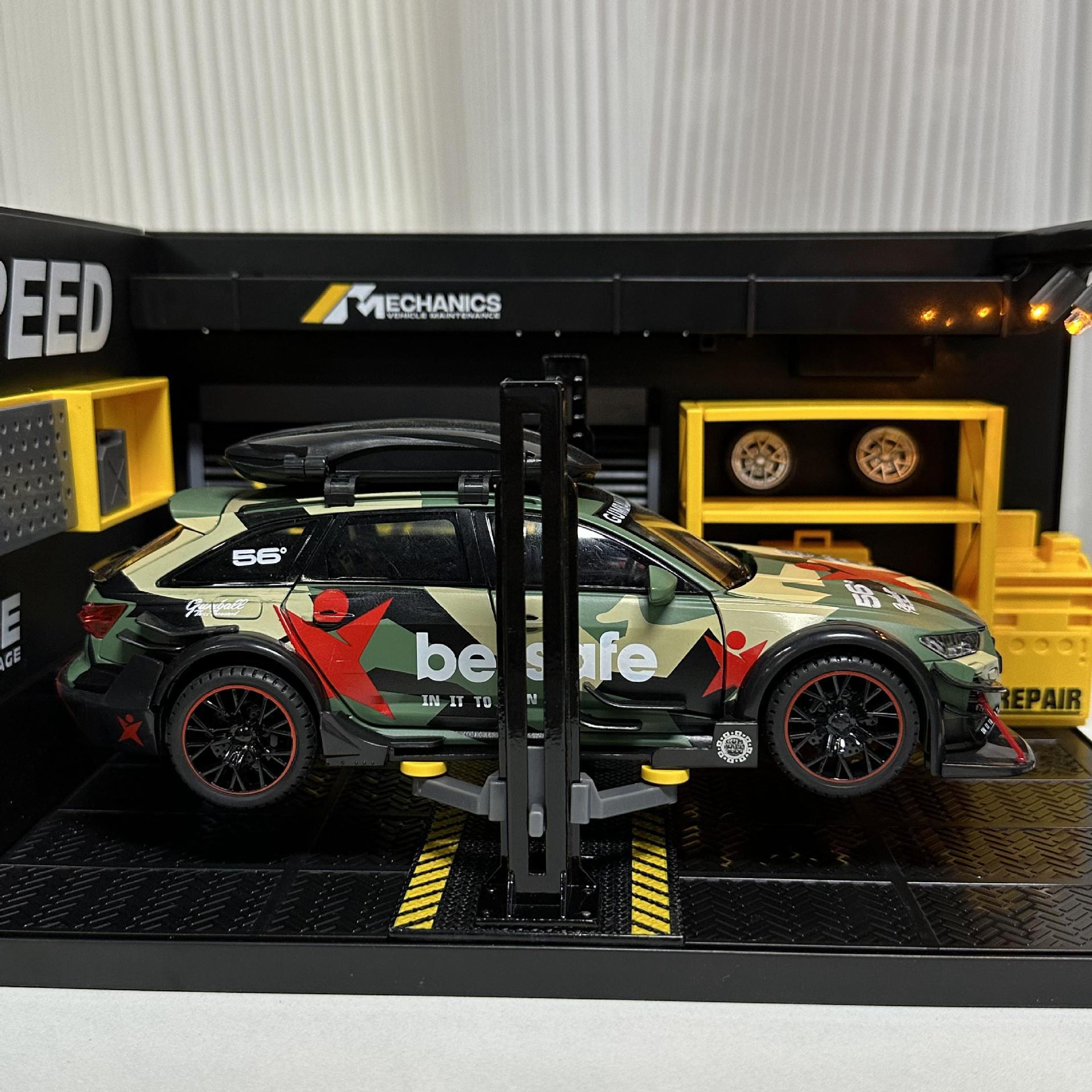 Aleación 1 a 24 modelo de coche DIY escena reparación tienda de elevación de juguete con luz edificio modelo pantalla acrílico adornos