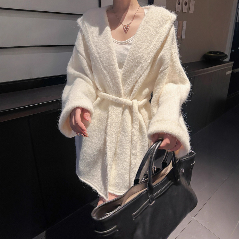 [Real Shot] Autumn and Winter Sweater Knitted Jacket Women's Bathrobe Style Mid-Length Loose and Versatile Lazy Style Lace-Up Cardigan