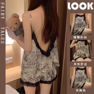 仿真丝性感纯欲睡衣女夏季薄款甜美带胸垫绸质感家居服夏网红直播