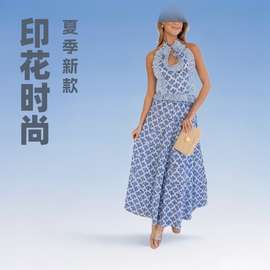 外贸2025女装夏季跨境欧美风时尚休闲挂脖上衣印花半身裙两件套装