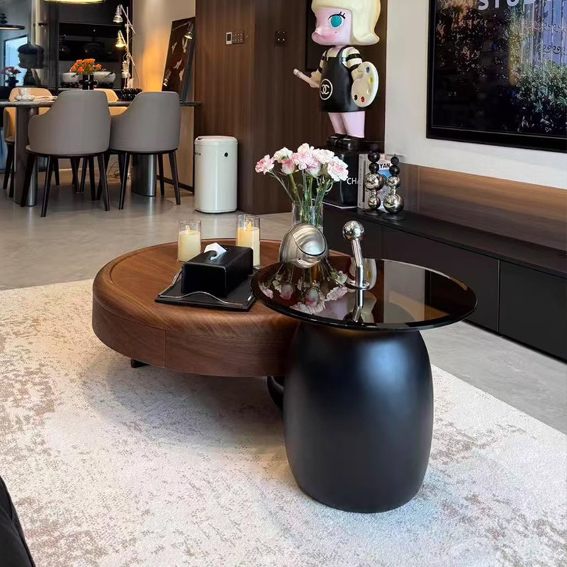 Vintage-Style Coffee Table for Living Room, Modern Minimalist Design for Small Apartments, High-End Feel, Solid Wood, Round, French Cream Style, Creative