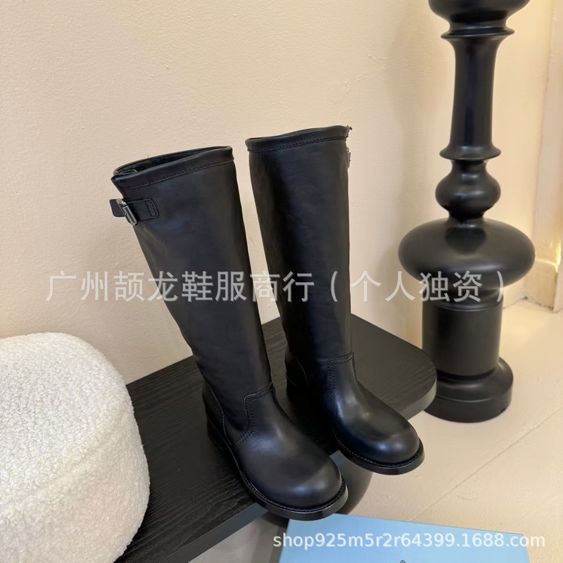 高端2025秋冬P家真皮圆头复古粗跟皮带扣高筒骑士靴不过膝长靴女|undefined