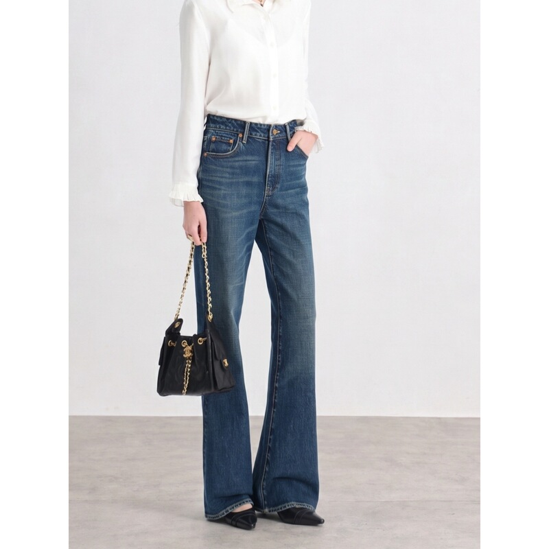 JOCORBEI [Classic Wide-Leg Jeans] Dark blue heavyweight high-waisted wide-leg denim pants for women with slight stretch