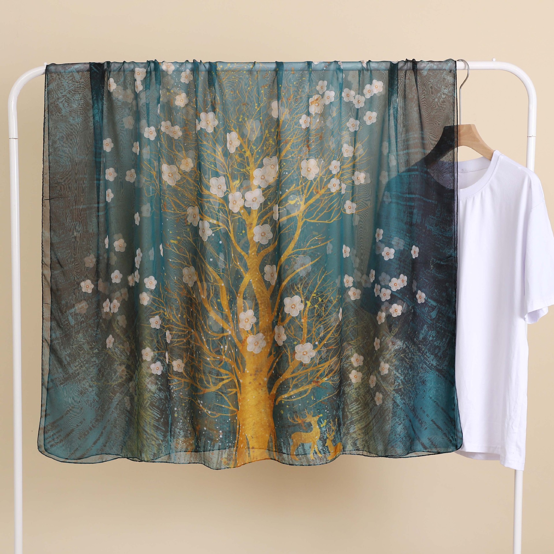 Elegant Tree Oil Painting Flower Satin Printing Silk Scarves display picture 4