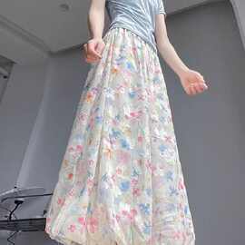 彩色画报花苞裙裤女夏季薄2025新款高腰显瘦碎花冰丝时尚阔腿裤潮
