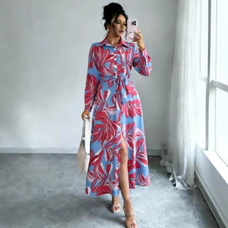 2025春亚马逊跨境女装时尚花朵印花翻领优雅系带长款衬衣连衣裙女