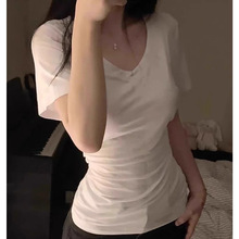 白色美式辣妹纯欲短袖T恤女夏季V领修身显瘦收腰弹力百搭打底上衣