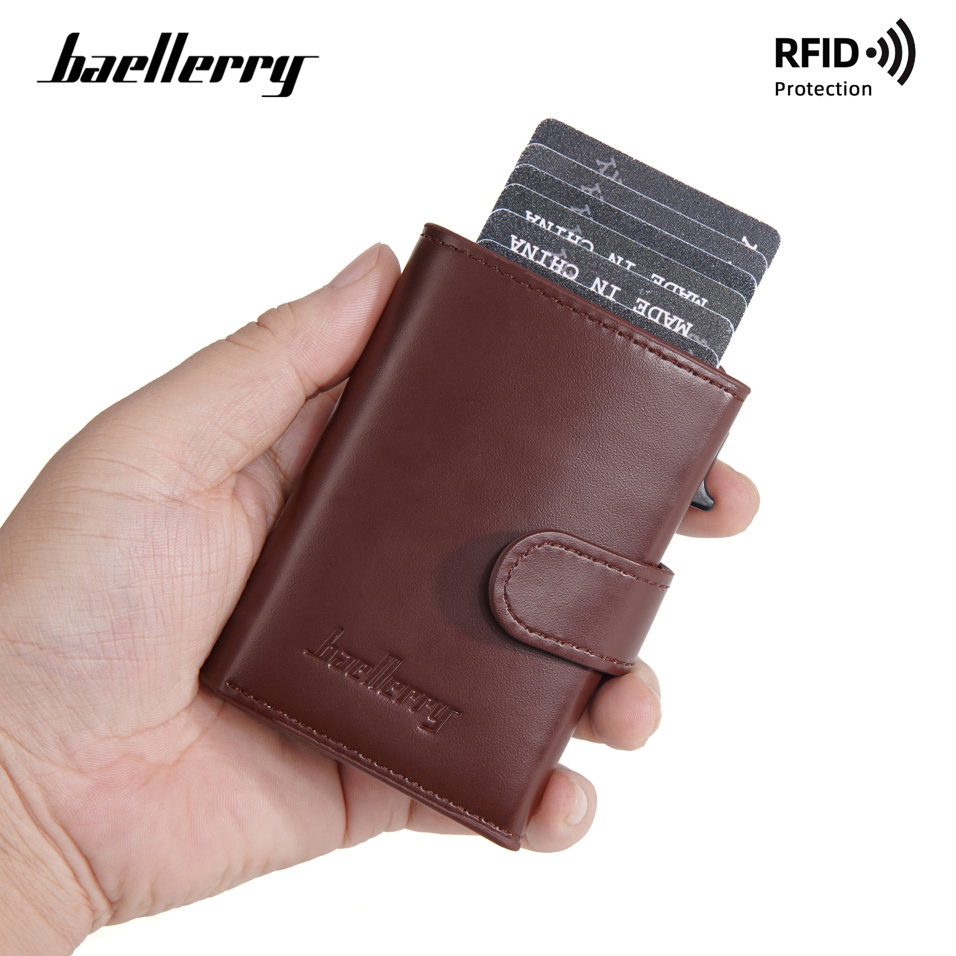새로운 남성 카드 소지자 baellerry 국경 간 비즈니스 RFID 측면 푸시 팝업 카드 상자 멀티 카드 지퍼 동전 지갑