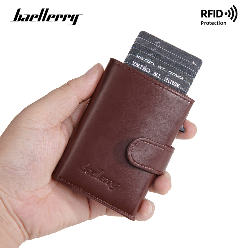 New men's card holder baellerry cross-border business RFID side push pop-up card box multi-card zipper coin purse