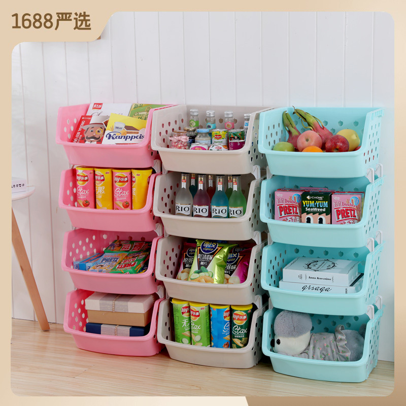 Kitchen plastic shelf floor-standing multi-layer stackable snack storage rack multi-purpose vegetable and fruit basket storage basket