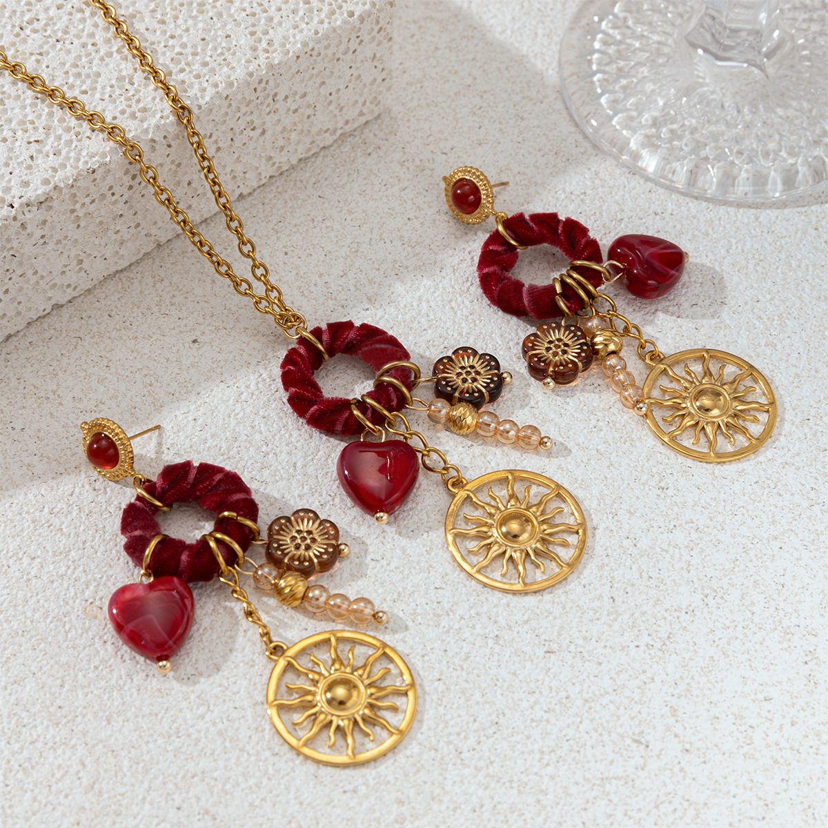 TENA estilo europeo y americano acero inoxidable colgante solar collar pendientes conjunto de joyería para mujeres no desvanecerse versátil acero de titanio
