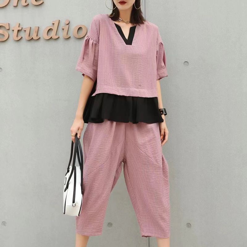 2021 summer new pattern Large Women's wear suit Europe station fashion Easy Haren pants Western style stripe Two piece set