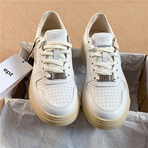 EPT Korean blogger's same style cowhide trendy shoes, sports and casual sneakers, retro round toe lace-up niche white shoes for women