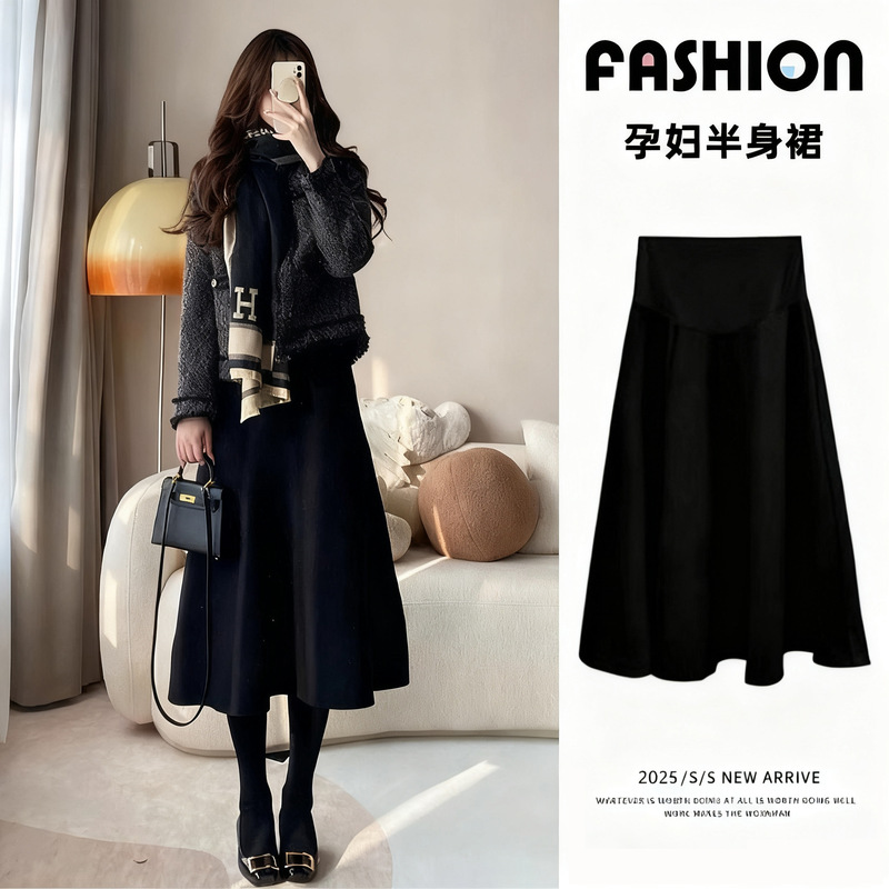 New Style Maternity Midi Skirt, Autumn Outerwear, Drapey A-Line Belly-Supporting Slimming Long Skirt for Pregnant Women, Autumn Outfit New Style Maternity Midi Skirt, Autumn Outerwear, Drapey A-Line Belly-Supporting Slimming Long Skirt for Pregnant Women, Autumn Outfit