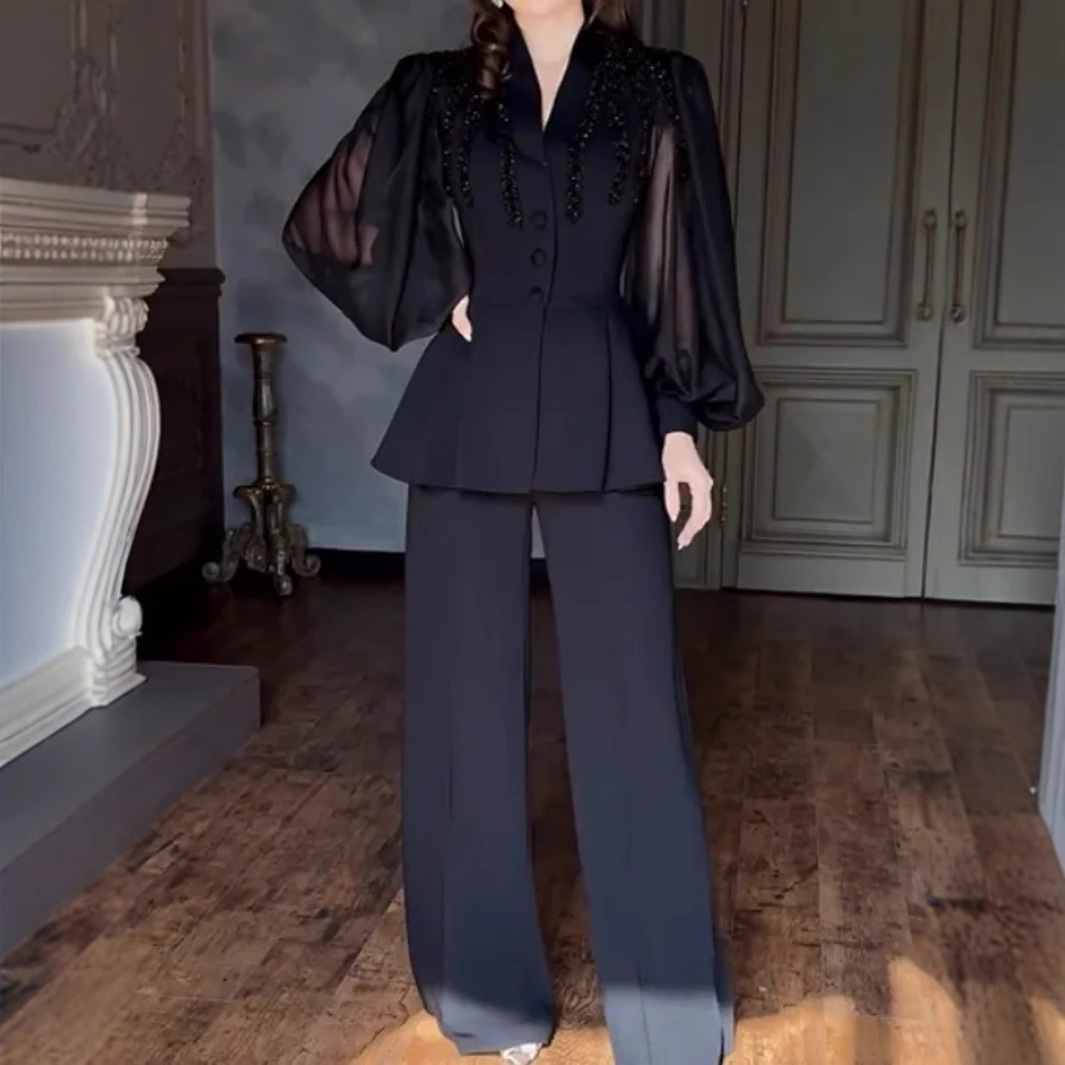 ​​Luxury Rhinestone Jumpsuit – Spring/Summer Elegant One-Piece Pantsuit With Puff Sleeves & High Waist For Women (Black)​​_ecoleips.com