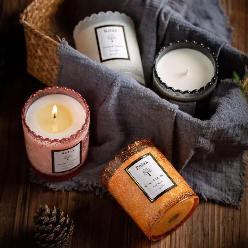 Boutique de encaje taza aromaterapia frasco de vidrio en relieve de encaje vela Copa de gama alta de fondo grueso botella de color botella de aromaterapia