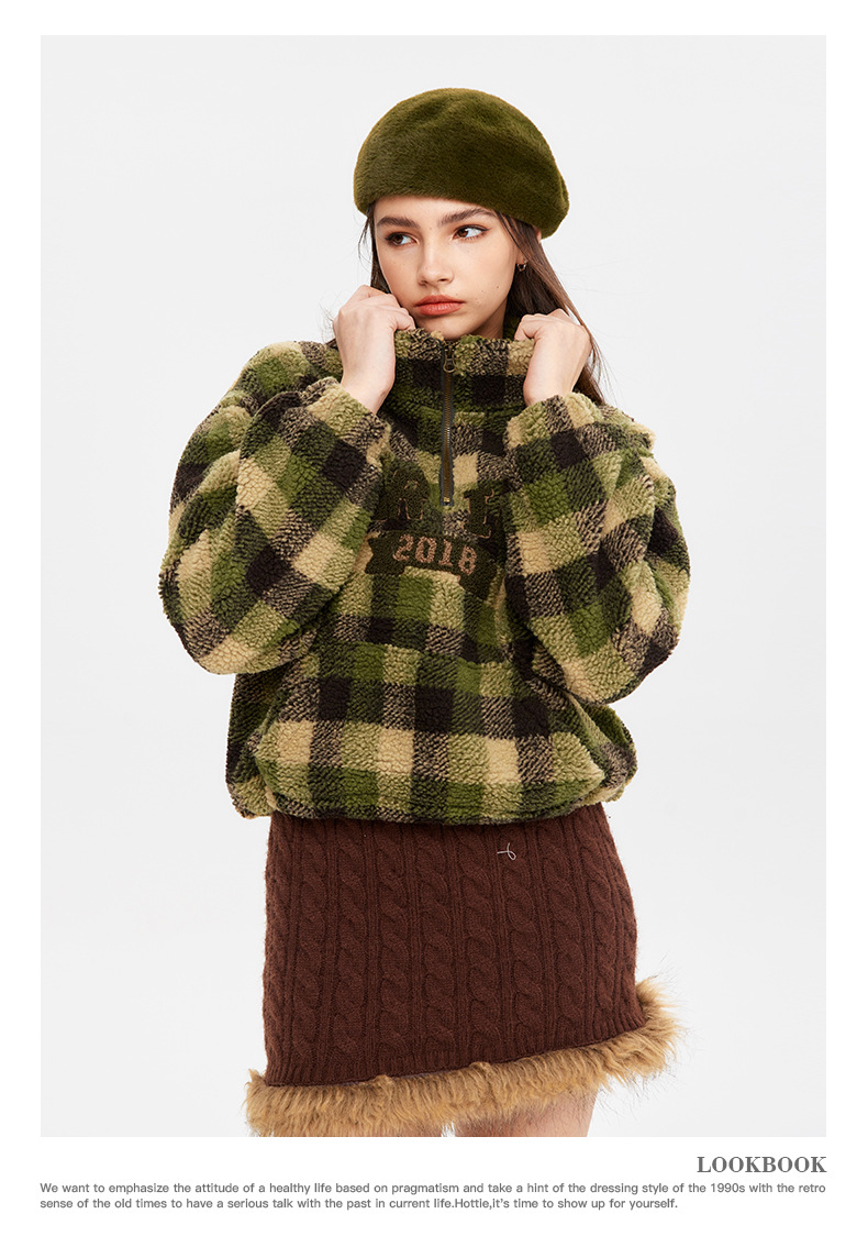 Women's Retro Half Zip Sweater Jacket Letter Embroidered Plaid_voghion.com