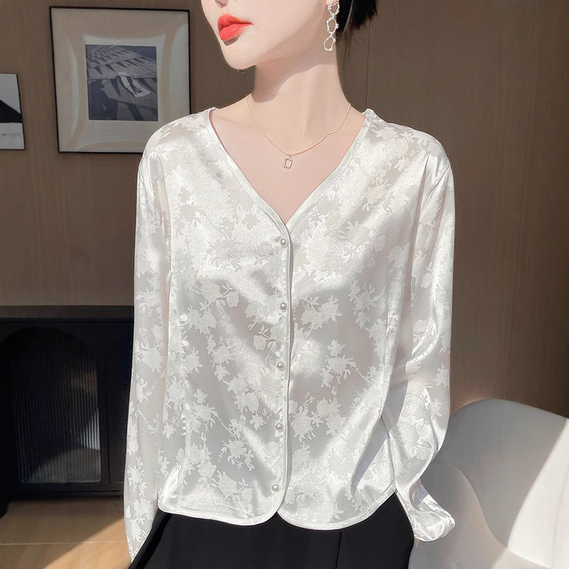 Subhair Satin Jacquard Solid Color Top Spring and Summer New Simple Korean V-neck Light Shirt Women's Coat
