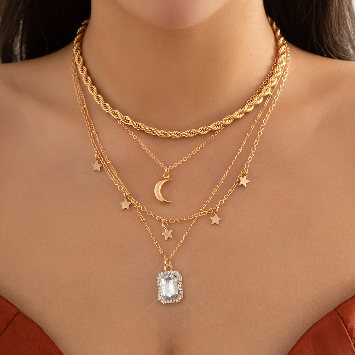 Bijoux Hip-hop Style Pendentif Carré Strass Empilés Avec Collier Étoile Lune Minimaliste Punk_voghion.com