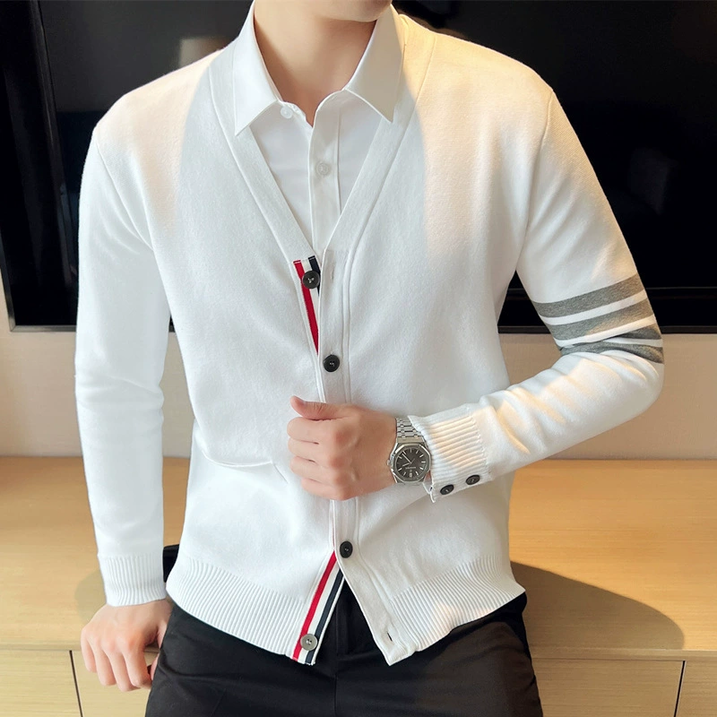TB вязаный кардиган в четыре полоски с V-образным вырезом, свободный классический дизайн с четырьмя полосками, брендовый одинаковый свитер, пальто, мужская мода