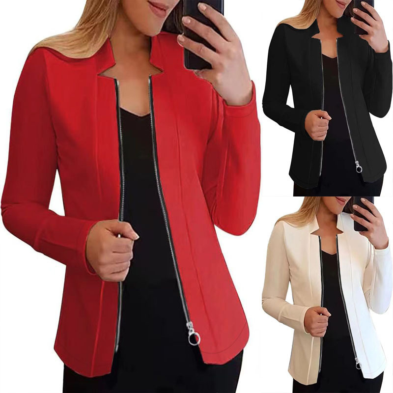 2024 Cross-border Amazon AliExpress Autumn and Winter Coat Loose Casual Solid Color Zipper Long Sleeve Suit Top