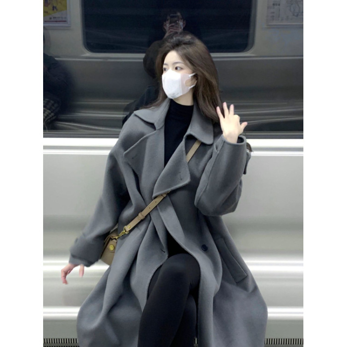 灰色双面羊绒呢子大衣女中长款2025秋冬新款高级感小个子毛呢外套|undefined