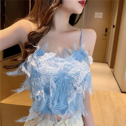 2023 new summer style super fairy design tassel feather short camisole for women to wear outside and inside tops trendy