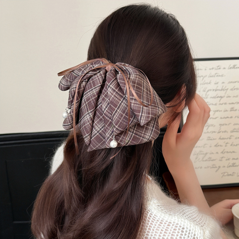 学院风格纹蝴蝶结马尾夹女韩系半扎发抓夹轻奢美拉德时尚发夹头饰|undefined