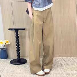 复古阔腿风琴裤女2026年夏季新款百搭流行宽松设计感卡其色西装裤