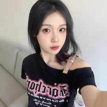夏季亲款美式斜领性感星星字母印花短袖女甜酷风辣妹露肩链条上衣